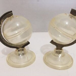 Vintage Globe Salt and Pepper Shakers Clear Plastic & Metal Travel Gift MCM